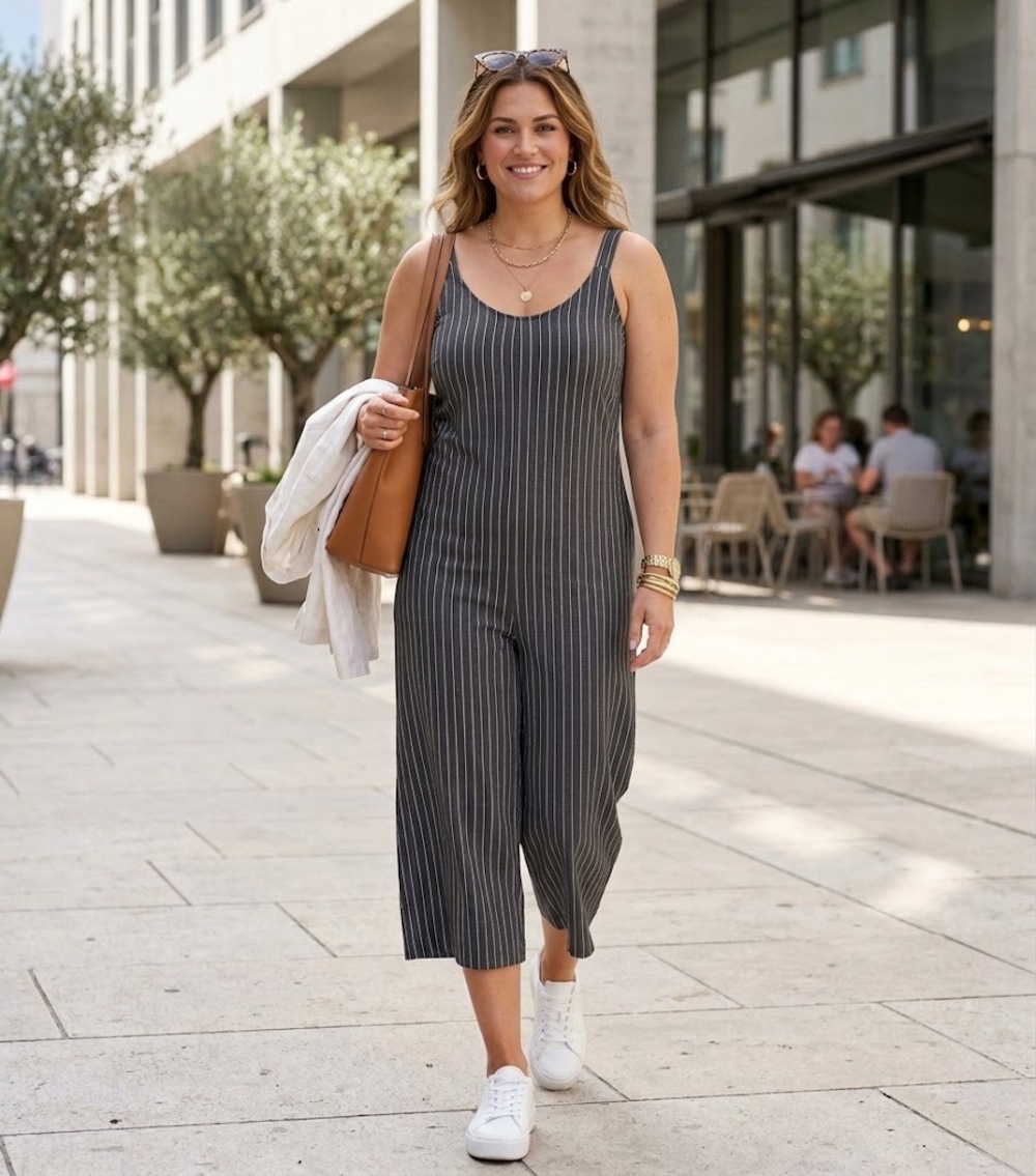 Simple Suzanne Betro Sleeveless V-Neck Jumpsuit Striped Black/White Size 4X